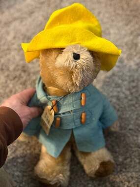 Vintage 1975 Paddington Bear Plush with Blue Toggle Coat and Yellow Hat